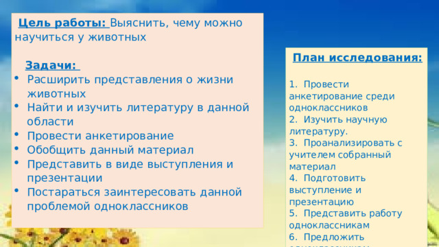  Цель работы: Выяснить, чему можно научиться у животных    Задачи: Расширить представления о жизни животных Найти и изучить литературу в данной области Провести анкетирование Обобщить данный материал Представить в виде выступления и презентации Постараться заинтересовать данной проблемой одноклассников    План исследования: 1.  Провести анкетирование среди одноклассников 2. Изучить научную литературу. 3. Проанализировать с учителем собранный материал          4. Подготовить выступление и презентацию 5. Представить работу одноклассникам 6. Предложить одноклассникам выполнить творческую работу 7. Завершить проект, включив в него творческие работы 