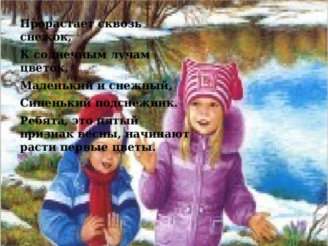 Прорастает сквозь снежок, К солнечным лучам цветок, Маленький и снежный, Синенький подснежник. Ребята, это пятый признак весны, начинают расти первые цветы.   