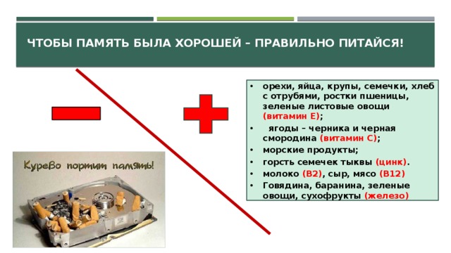 Чтобы память была хорошей – правильно питайся! орехи, яйца, крупы, семечки, хлеб с отрубями, ростки пшеницы, зеленые листовые овощи (витамин Е) ;   ягоды – черника и черная смородина (витамин С) ; морские продукты; горсть семечек тыквы (цинк) . молоко (В2) , сыр, мясо (B12) Говядина, баранина, зеленые овощи, сухофрукты (железо)  