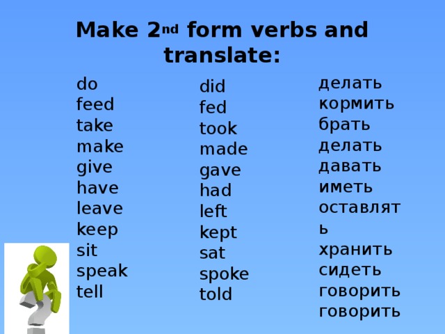 Make 2 nd form verbs and translate: делать кормить брать делать давать иметь оставлять хранить сидеть говорить говорить do feed take make give have leave keep sit speak tell did fed took made gave had left kept sat spoke told 