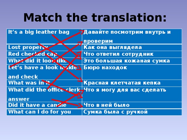 Match the translation: It’s a big leather bag Давайте посмотрим внутрь и проверим Lost property Как она выглядела Red checked cap Что ответил сотрудник What did it look like Это большая кожаная сумка Let’s have a look inside and check Бюро находок What was in it Красная клетчатая кепка What did the office clerk answer Что я могу для вас сделать Did it have a candle Что в ней было What can I do for you Сумка была с ручкой 