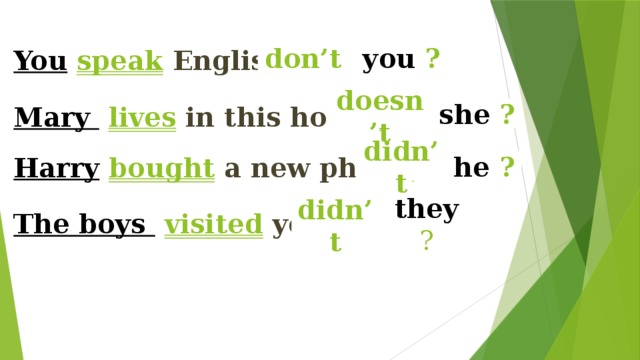 don’t you ? You  speak  English , Mary  lives  in this house , she ? doesn’t Harry  bought  a new phone , he ? didn’t The boys  visited  you , they ? didn’t 