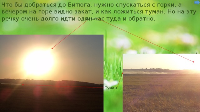 Что бы добраться до Битюга, нужно спускаться с горки, а вечером на горе видно закат, и как ложиться туман. Но на эту речку очень долго идти один час туда и обратно. Закат Туман 