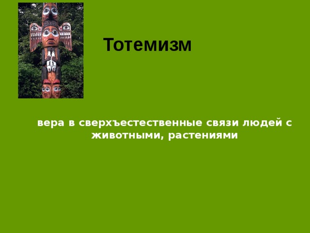 Тотемизм  вера в сверхъестественные связи людей с животными, растениями