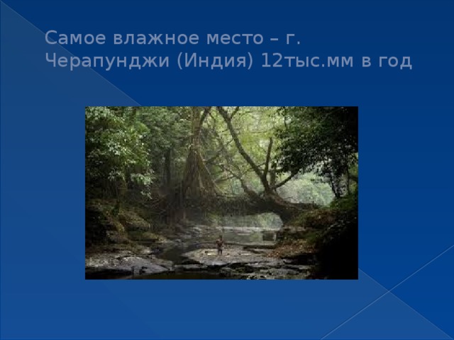 Самое влажное место – г. Черапунджи (Индия) 12тыс.мм в год 