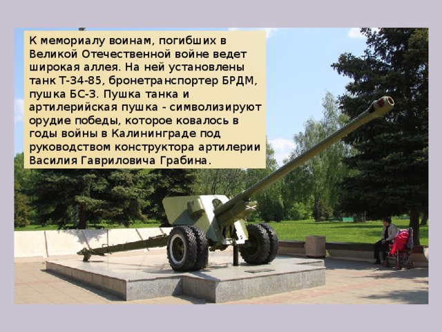 К мемориалу воинам, погибших в Великой Отечественной войне ведет широкая аллея. На ней установлены танк Т-34-85, бронетранспортер БРДМ, пушка БС-3. Пушка танка и артилерийская пушка - символизируют орудие победы, которое ковалось в годы войны в Калининграде под руководством конструктора артилерии Василия Гавриловича Грабина. 