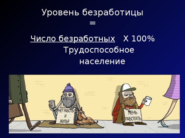Уровень безработицы  = Число безработных Х 100%  Трудоспособное  население 