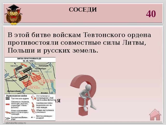 соседи 40 В этой битве войскам Тевтонского ордена противостояли совместные силы Литвы, Польши и русских земель.    Грюнвальдская  битва 