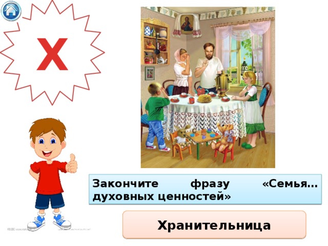 Х Закончите фразу «Семья…духовных ценностей» Хранительница 