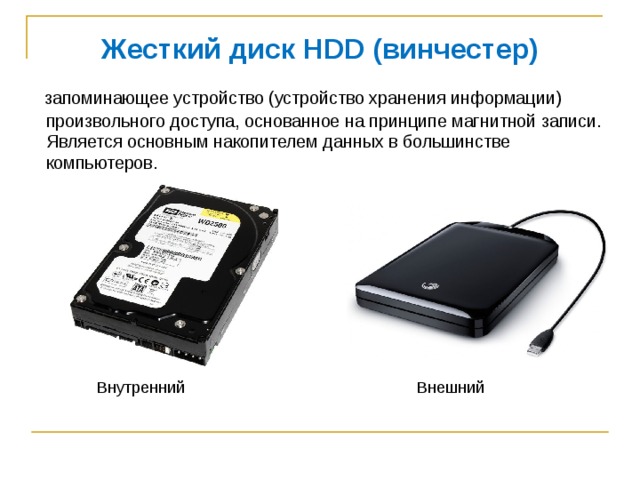 Жесткий диск HDD (винчестер)  запоминающее устройство (устройство хранения информации) произвольного доступа, основанное на принципе магнитной записи. Является основным накопителем данных в большинстве компьютеров. Внешний Внутренний 