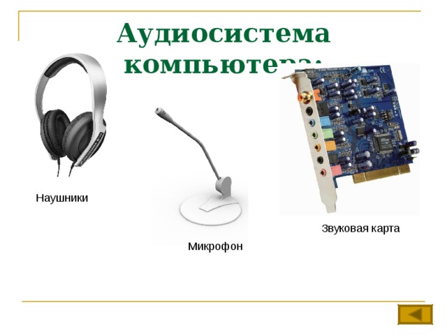 Аудиосистема компьютера: Наушники Звуковая карта Микрофон 