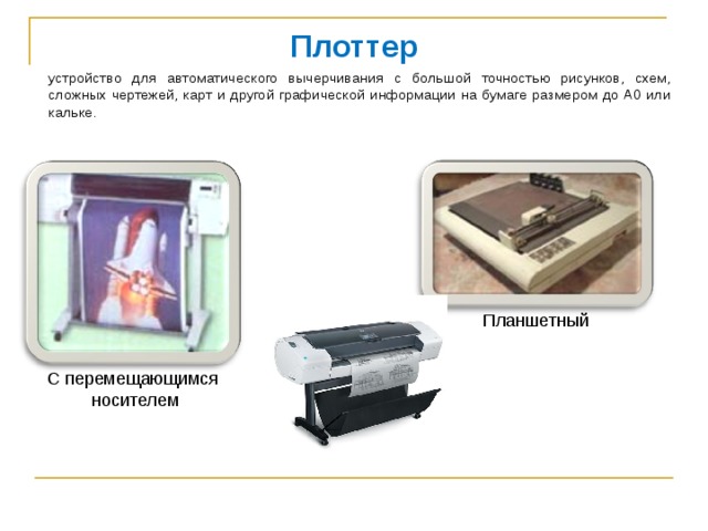 Плоттер устройство для автоматического вычерчивания с большой точностью рисунков, схем, сложных чертежей, карт и другой графической информации на бумаге размером до A0 или кальке. Планшетный С перемещающимся  носителем 