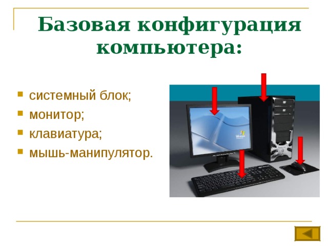 Базовая конфигурация компьютера: системный блок; монитор; клавиатура; мышь-манипулятор.  