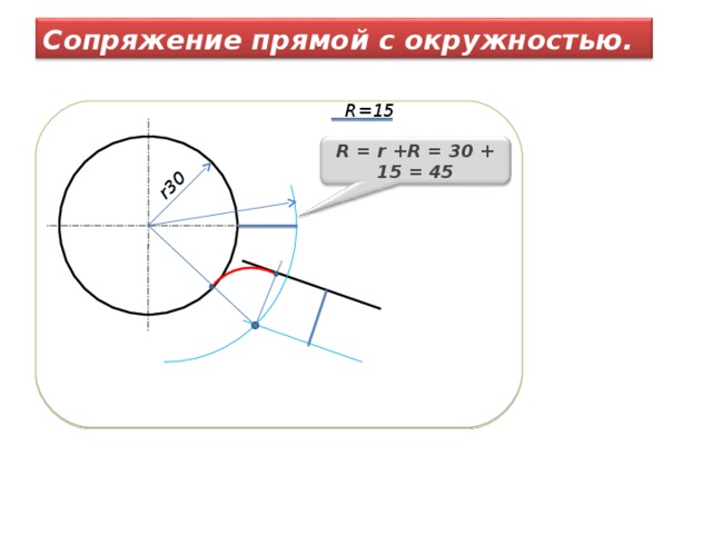 r30 Сопряжение прямой с окружностью. R=15 R  =  r  +R  =  30  +  15  =  45 