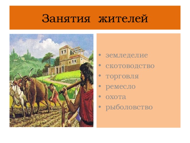 Занятия жителей земледелие скотоводство торговля ремесло охота рыболовство 