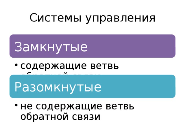 Системы управления Замкнутые содержащие ветвь обратной связи содержащие ветвь обратной связи Разомкнутые не содержащие ветвь обратной связи не содержащие ветвь обратной связи 