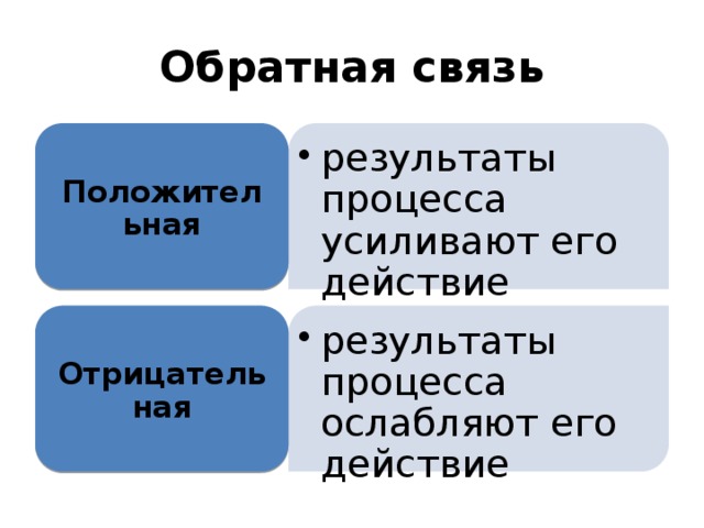 Обратная связь результаты процесса усиливают его действие результаты процесса усиливают его действие Положительная результаты процесса ослабляют его действие результаты процесса ослабляют его действие Отрицательная 