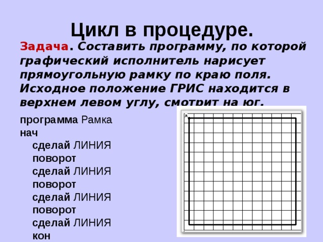 Цикл в процедуре. Задача . Составить программу, по которой графический исполнитель нарисует прямоугольную рамку по краю поля. Исходное положение ГРИС находится в верхнем левом углу, смотрит на юг. программа Рамка нач сделай ЛИНИЯ поворот сделай ЛИНИЯ поворот сделай ЛИНИЯ поворот сделай ЛИНИЯ кон 