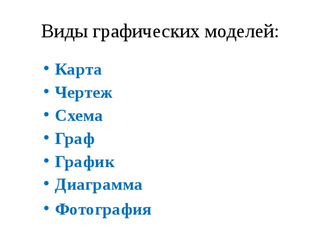 Виды графических моделей: Карта Чертеж Схема Граф График Диаграмма Фотография  