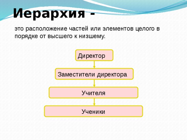 Иерархия - это расположение частей или элементов целого в порядке от высшего к низшему. Директор Заместители директора Учителя Ученики 
