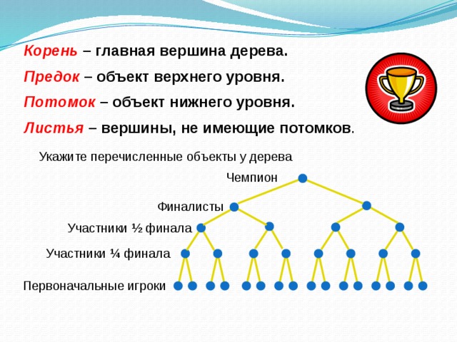 Корень – главная вершина дерева. Предок – объект верхнего уровня. Потомок – объект нижнего уровня. Листья – вершины, не имеющие потомков . Укажите перечисленные объекты у дерева Чемпион Финалисты Участники ½ финала Участники ¼ финала Первоначальные игроки 