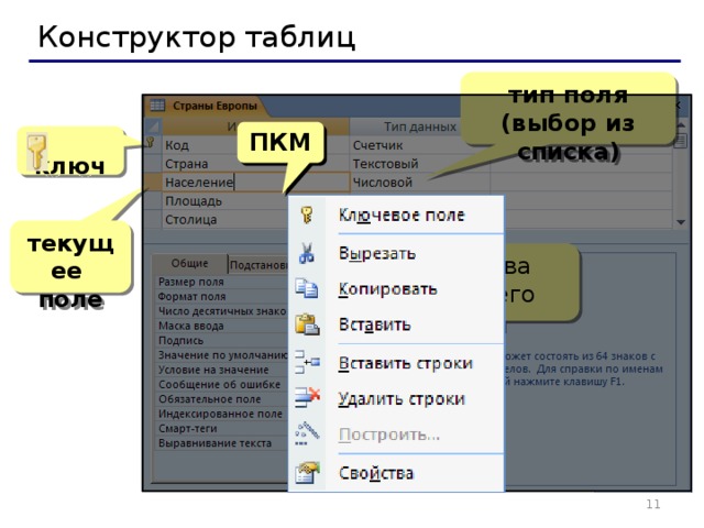 Конструктор таблиц тип поля (выбор из списка) ПКМ  ключ текущее  поле свойства текущего поля   