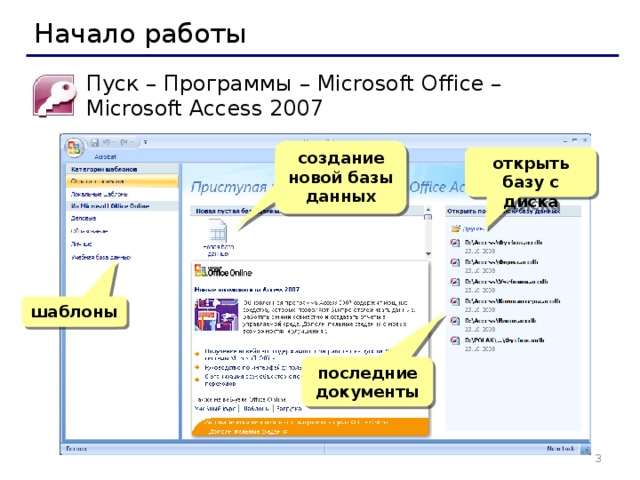 Начало работы Пуск – Программы – Microsoft Office –  Microsoft Access 2007 создание новой базы данных открыть базу с диска шаблоны последние документы   