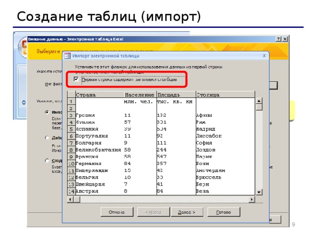 Создание таблиц (импорт) TXT-файлы XML-файлы другие форматы   