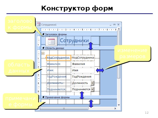 Конструктор форм заголовок формы изменение размеров область данных примечание формы   