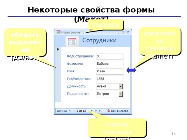 Некоторые свойства формы ( Макет ) подпись изменяемая граница (да/нет) область выделения (да/нет) кнопки перехода (да/нет)   