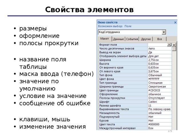 Свойства элементов Макет размеры оформление полосы прокрутки размеры оформление полосы прокрутки Данные: название поля таблицы маска ввода (телефон) значение по умолчанию условие на значение сообщение об ошибке название поля таблицы маска ввода (телефон) значение по умолчанию условие на значение сообщение об ошибке События: клавиши, мышь изменение значения клавиши, мышь изменение значения Другие: всплывающая подсказка всплывающая подсказка   