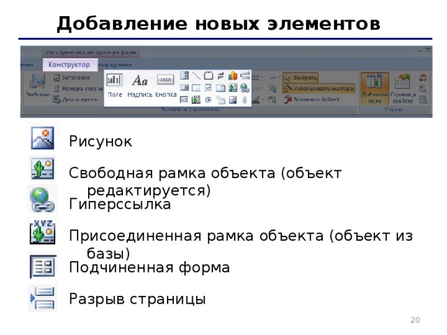 Добавление новых элементов Рисунок Свободная рамка объекта (объект редактируется) Гиперссылка Присоединенная рамка объекта (объект из базы) Подчиненная форма Разрыв страницы   