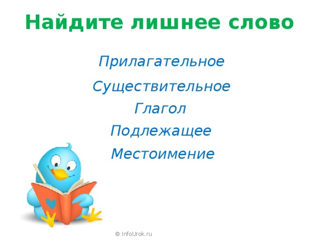 Найдите лишнее слово  Прилагательное Существительное Глагол Подлежащее Местоимение © InfoUrok.ru 