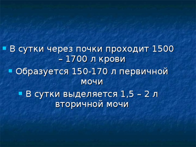В сутки через почки проходит 1500 – 1700 л крови Образуется 150-170 л первичной мочи В сутки выделяется 1,5 – 2 л вторичной мочи 