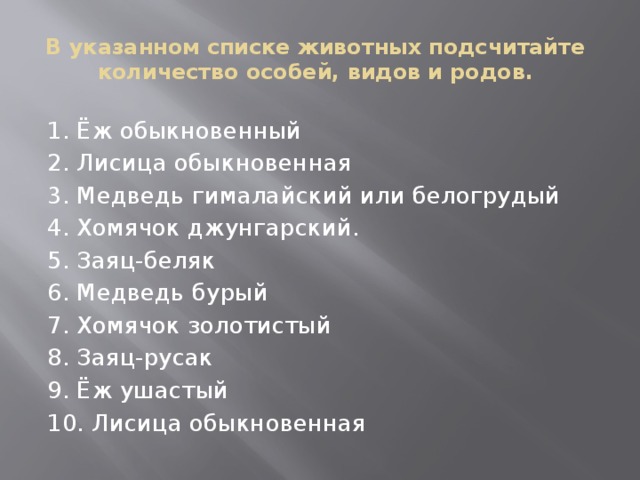 В указанном списке животных подсчитайте количество особей, видов и родов. 1. Ёж обыкновенный 2. Лисица обыкновенная 3. Медведь гималайский или белогрудый 4. Хомячок джунгарский. 5. Заяц-беляк 6. Медведь бурый 7. Хомячок золотистый 8. Заяц-русак 9. Ёж ушастый 10. Лисица обыкновенная 