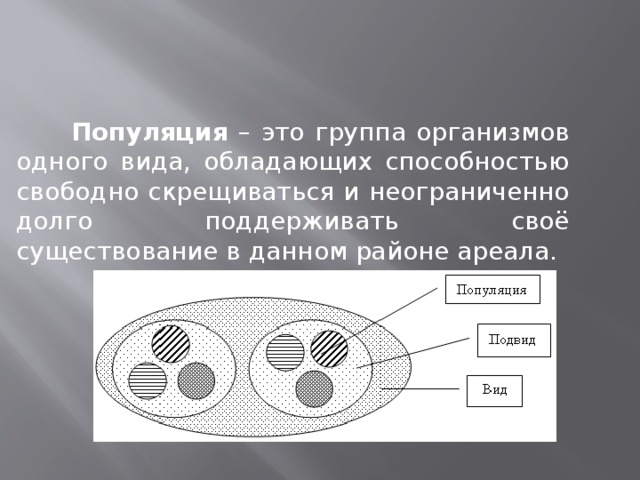  Популяция – это группа организмов одного вида, обладающих способностью свободно скрещиваться и неограниченно долго поддерживать своё существование в данном районе ареала. 