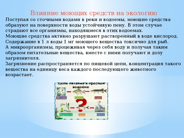 Влияние моющих средств на экологию Поступая со сточными водами в реки и водоемы, моющие средства образуют на поверхности воды устойчивую пену. В этом случае страдают все организмы, находящиеся в этих водоемах. Моющие средства активно разрушают растворенный в воде кислород. Содержание в 1 л воды 1 мг моющего вещества токсично для рыб. А микроорганизмы, процеживая через себя воду и получая таким образом питательные вещества, вместе с ними получают и дозу загрязнителя. Загрязнение распространяется по пищевой цепи, концентрация такого вещества на единицу веса каждого последующего животного возрастает. 