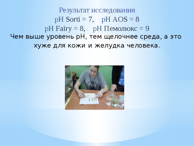 Результат исследования p H  Sorti = 7, p H  AOS = 8 p H Fairy = 8, p H  Пемолюкс = 9 Чем выше уровень pH, тем щелочнее среда, а это хуже для кожи  и  желудка человека. 