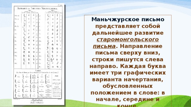 Маньчжурское письмо представляет собой дальнейшее развитие старомонгольского письма . Направление письма сверху вниз, строки пишутся слева направо. Каждая буква имеет три графических варианта начертания, обусловленных положением в слове: в начале, середине и конце. 