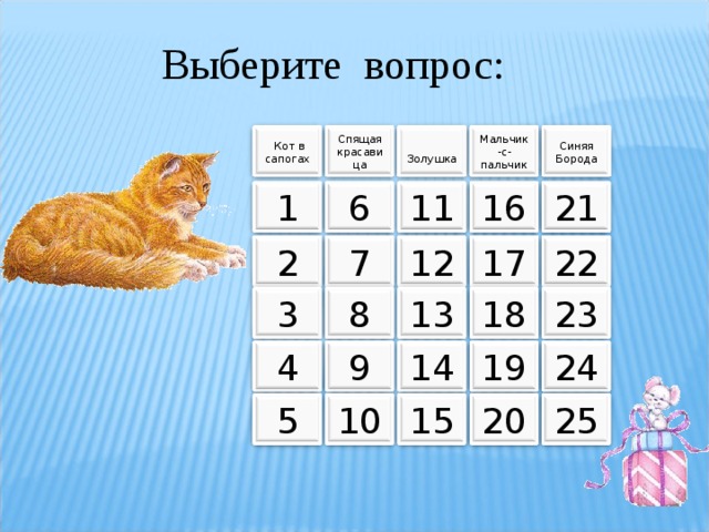 Выберите вопрос: Мальчик-с-пальчик  Золушка Спящая красавица  Кот в сапогах Синяя Борода 21 1 16 11 6 17 2 12 7 22 8 3 23 18 13 9 4 24 19 14 20 25 10 15 5 