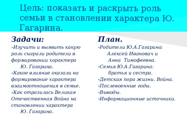 Цель: показать и раскрыть роль семьи в становлении характера Ю. Гагарина.  План. Задачи: • Родители Ю.А.Гагарина: • Изучить и выявить какую роль сыграли родители в формировании характера   Ю. Гагарина.   Алексей Иванович и • Какое влияние оказали на формирование характера взаимоотношения в семье.  Анна Тимофеевна. • Как отразилась Великая Отечественная Война на становлении характера • Семья Ю.А.Гагарина:   Ю. Гагарина.  братья и сестра. • Детская пора жизни. Война. • Послевоенные годы. • Выводы. • Информационные источники. 