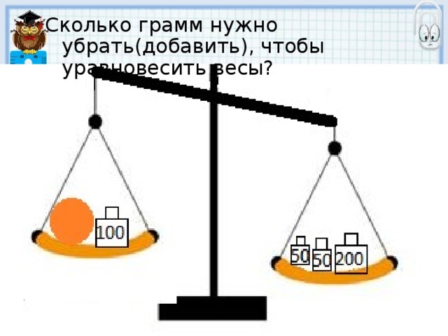 Сколько грамм нужно убрать(добавить), чтобы уравновесить весы? 