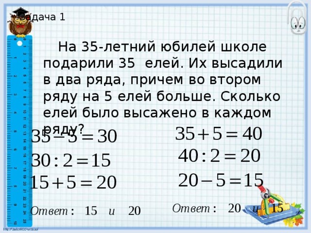 Задача 1    На 35-летний юбилей школе подарили 35 елей. Их высадили в два ряда, причем во втором ряду на 5 елей больше. Сколько елей было высажено в каждом ряду? 