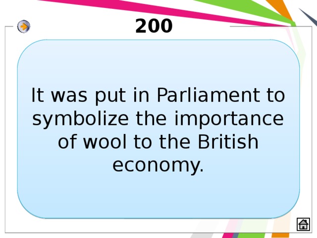 200 It was put in Parliament to symbolize the importance of wool to the British economy. 
