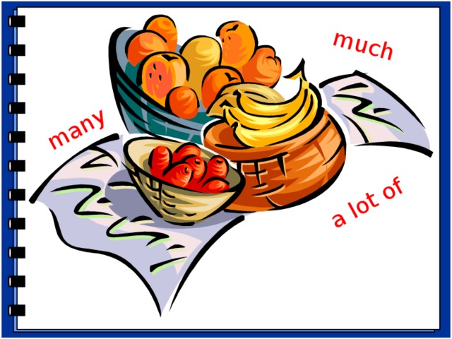 many much a lot of Подведение итогов . -What words did we learnt at this lesson? (We learnt words “many/much/a lot of”) -When do we use these words? (We use “many” if the word is countable. We use “much” if the word is uncountable.) - Dear children! I have a lot of apples: good apples and bad apples. Good apples like our lesson. Bad apples don’t like our lesson. - Если вам понравился сегодняшний урок – прикрепите к тарелке хорошее яблоко, если нет – плохое.  