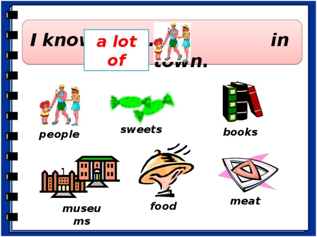 I know … … in this town. a lot of sweets books people Закрепление. -You have words “many/much/a lot of” and some pictures: people, sweets, books, museums, food and meat. -Please, glue these words and these pictures on your sheets and fill in the gaps. Вклейте слова и картинки на листы, которые лежат у вас на столе, в места пропусков. -Let’s check your sentences. meat food museums  