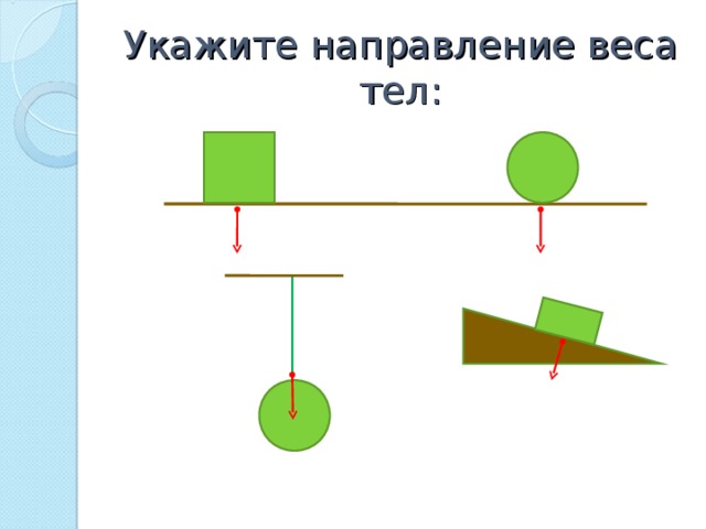 Укажите направление веса тел: 