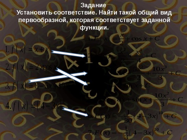 Задание  Установить соответствие. Найти такой общий вид первообразной, которая соответствует заданной функции. 