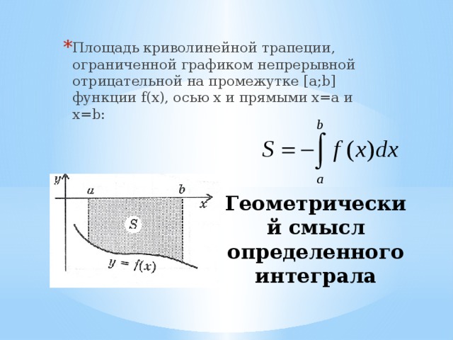 Площадь криволинейной трапеции, ограниченной графиком непрерывной отрицательной на промежутке [a;b] функции f(x), осью x и прямыми x=a и x=b: Геометрический смысл  определенного интеграла 