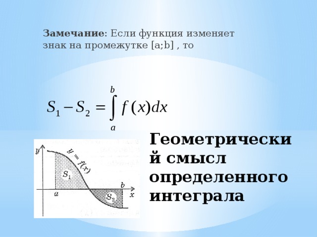 Замечание : Если функция изменяет знак на промежутке [a;b] , то Геометрический смысл  определенного интеграла 